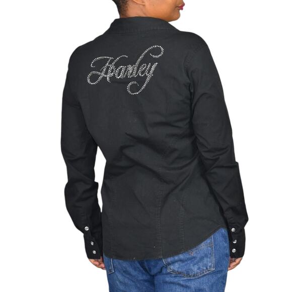 Harley Davidson Zip Shirt Black Motorcycle Crystals Rhinestone Bedazzled Large - Picture 14 of 16